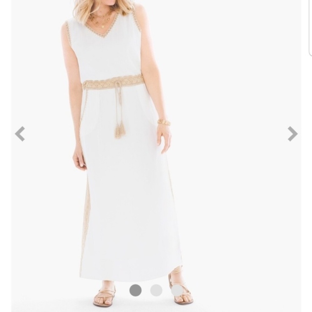 CHICO'S Crochet Detail Maxi Dress Grecian Travel Resortwear Light Flowy
